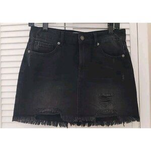NEW WE THE FREE BY FREE PEOPLE BLACK DISTRESSED DENIM ROW HEM MINI SKIRT SIZE 6